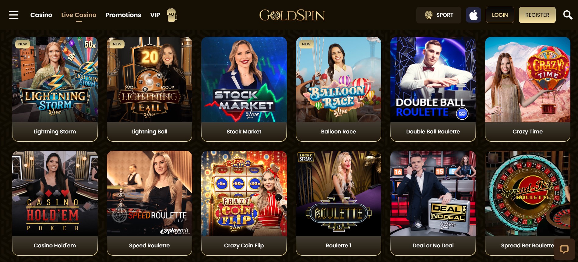 Die Abbildung zeigt die Webseite von GoldSpin, einem Online-Casino mit einer vielfältigen Auswahl an Live-Casino-Spielen. In einer übersichtlichen Rasteransicht werden Spiele wie Lightning Storm, Lightning Ball, Stock Market, Balloon Race, Double Ball Roulette, Crazy Time, Casino Hold'em Poker, Speed Roulette, Crazy Coin Flip, Deal or No Deal und Spread Bet Roulette präsentiert. Jedes Spiel ist mit einem eigenen Titel und ansprechenden Visuals versehen.